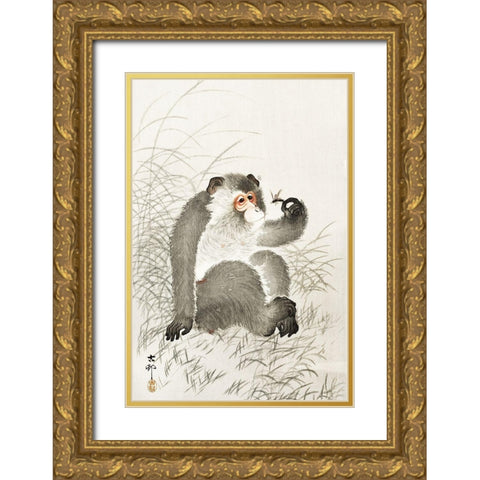 Monkey with insect Gold Ornate Wood Framed Art Print with Double Matting by Koson, Ohara