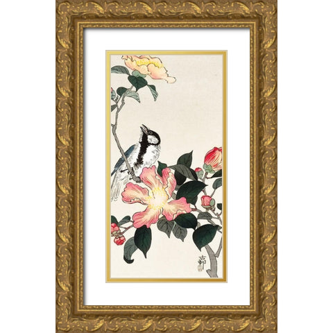 Great tit on branch with pink flowers Gold Ornate Wood Framed Art Print with Double Matting by Koson, Ohara