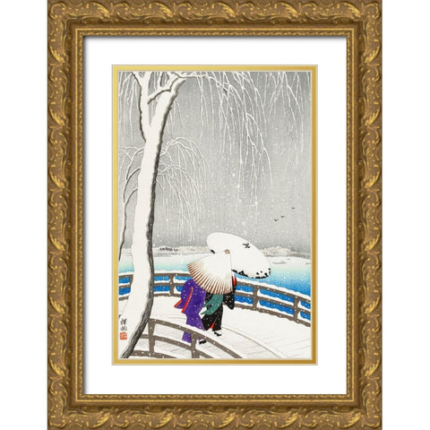 Two women in the snow on Yanagi Bridge Gold Ornate Wood Framed Art Print with Double Matting by Koson, Ohara