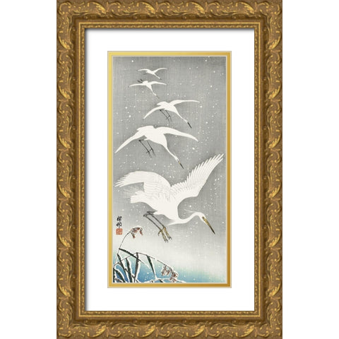 Descending egrets in snow Gold Ornate Wood Framed Art Print with Double Matting by Koson, Ohara