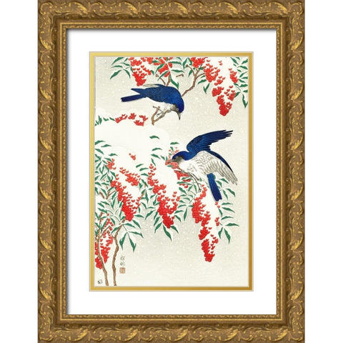 Flycatchers on a nandina bush Gold Ornate Wood Framed Art Print with Double Matting by Koson, Ohara