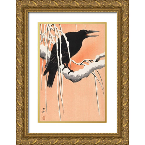 Crow on snowy branch Gold Ornate Wood Framed Art Print with Double Matting by Koson, Ohara