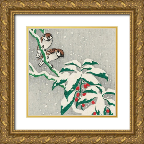 Sparrows on snowy berry bush Gold Ornate Wood Framed Art Print with Double Matting by Koson, Ohara