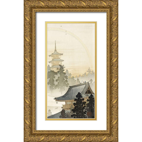 Pagoda and rainbow Gold Ornate Wood Framed Art Print with Double Matting by Koson, Ohara