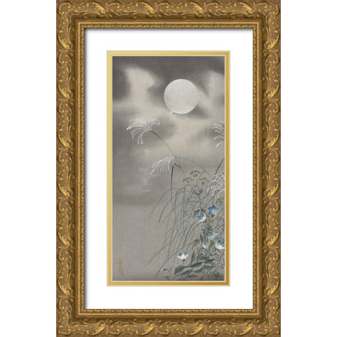 Grass and flowers at full moon Gold Ornate Wood Framed Art Print with Double Matting by Koson, Ohara