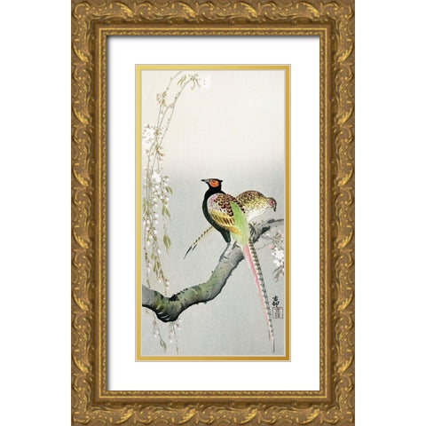 Couple pheasants and cherry blossom Gold Ornate Wood Framed Art Print with Double Matting by Koson, Ohara