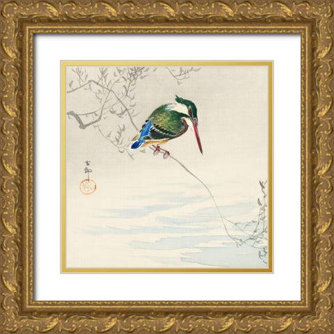 A kingfisher Gold Ornate Wood Framed Art Print with Double Matting by Koson, Ohara