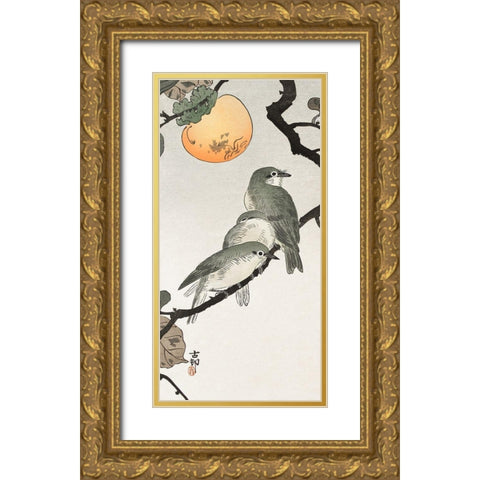 Birds and plants Gold Ornate Wood Framed Art Print with Double Matting by Koson, Ohara
