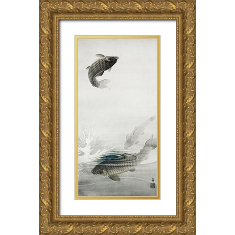 Three carps Gold Ornate Wood Framed Art Print with Double Matting by Koson, Ohara