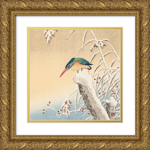 Kingfisher in the snow Gold Ornate Wood Framed Art Print with Double Matting by Koson, Ohara