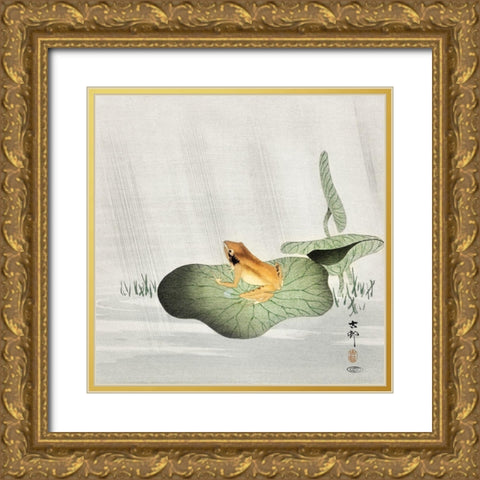 Frog on lotus leaf Gold Ornate Wood Framed Art Print with Double Matting by Koson, Ohara