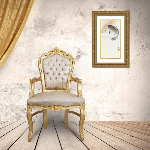 Two carp Gold Ornate Wood Framed Art Print with Double Matting by Koson, Ohara