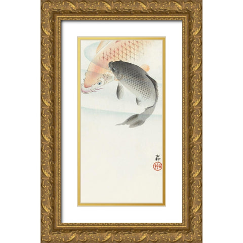 Two carp Gold Ornate Wood Framed Art Print with Double Matting by Koson, Ohara