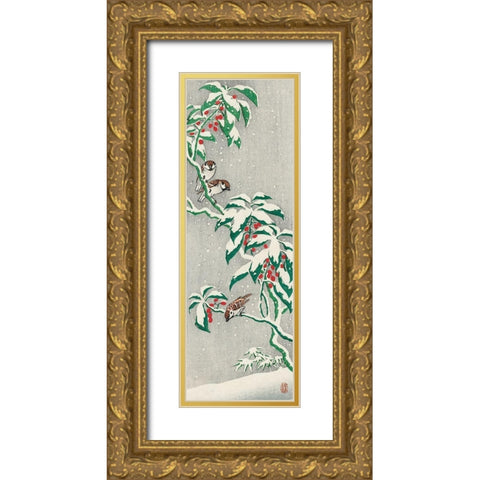 Sparrows on snowy berry bush Gold Ornate Wood Framed Art Print with Double Matting by Koson, Ohara