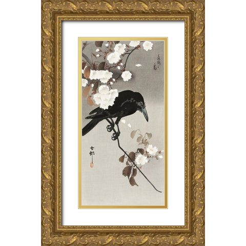 Crow and cherry blossom Gold Ornate Wood Framed Art Print with Double Matting by Koson, Ohara