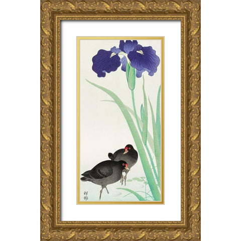 Waterhoots and iris Gold Ornate Wood Framed Art Print with Double Matting by Koson, Ohara