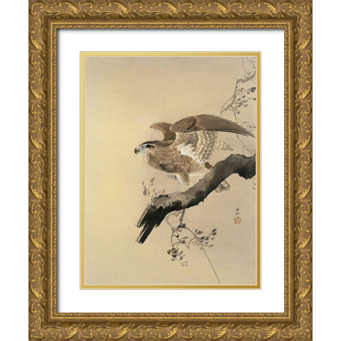Hawk Gold Ornate Wood Framed Art Print with Double Matting by Koson, Ohara