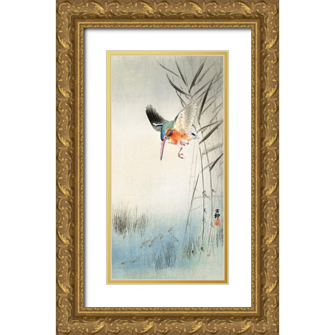 Kingfisher hunting for fish in the water Gold Ornate Wood Framed Art Print with Double Matting by Koson, Ohara