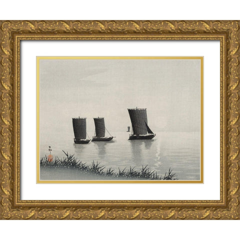 Fishing boats Gold Ornate Wood Framed Art Print with Double Matting by Koson, Ohara