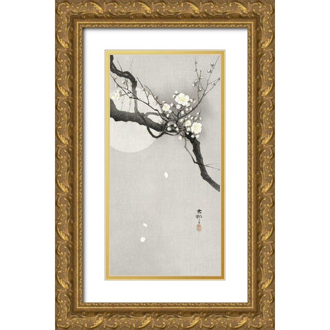Plum blossom and full moon Gold Ornate Wood Framed Art Print with Double Matting by Koson, Ohara