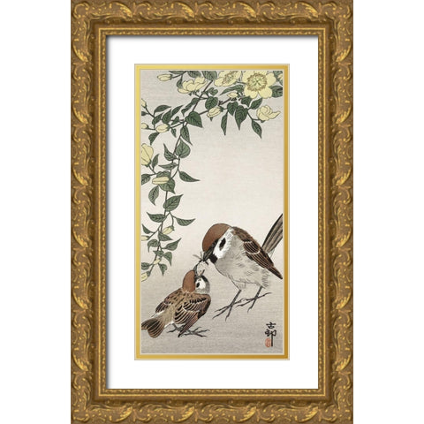 Birds and plants Gold Ornate Wood Framed Art Print with Double Matting by Koson, Ohara