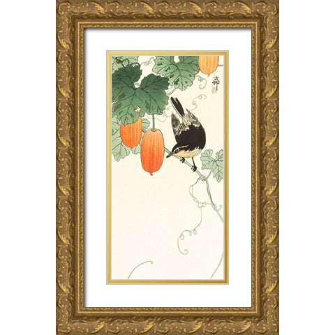 Bird and khaki Gold Ornate Wood Framed Art Print with Double Matting by Koson, Ohara
