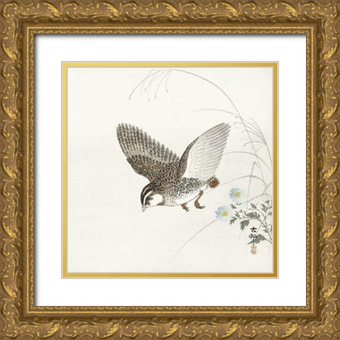 Flying quail Gold Ornate Wood Framed Art Print with Double Matting by Koson, Ohara