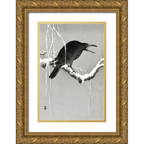 Crow on snowy tree branch Gold Ornate Wood Framed Art Print with Double Matting by Koson, Ohara