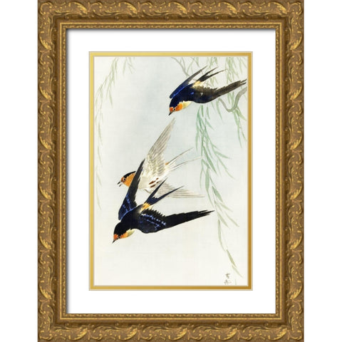 Three birds in full flight Gold Ornate Wood Framed Art Print with Double Matting by Koson, Ohara