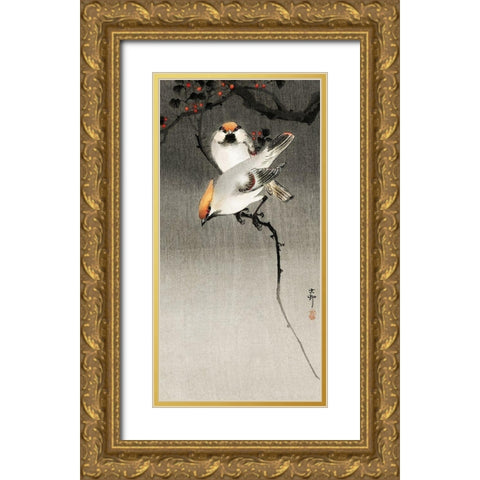 Bohemian waxwing birds Gold Ornate Wood Framed Art Print with Double Matting by Koson, Ohara