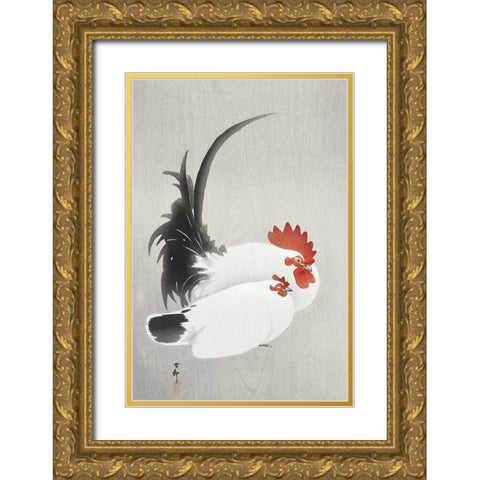 Rooster and hen Gold Ornate Wood Framed Art Print with Double Matting by Koson, Ohara