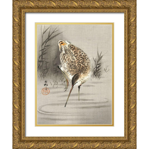 Snipe in the water Gold Ornate Wood Framed Art Print with Double Matting by Koson, Ohara