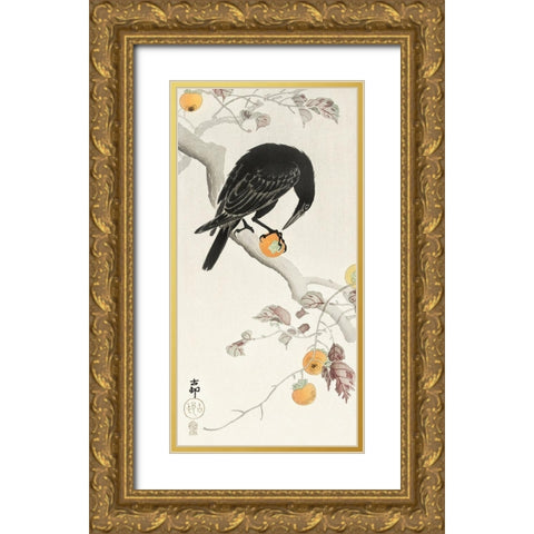 Crow with kaki fruit Gold Ornate Wood Framed Art Print with Double Matting by Koson, Ohara