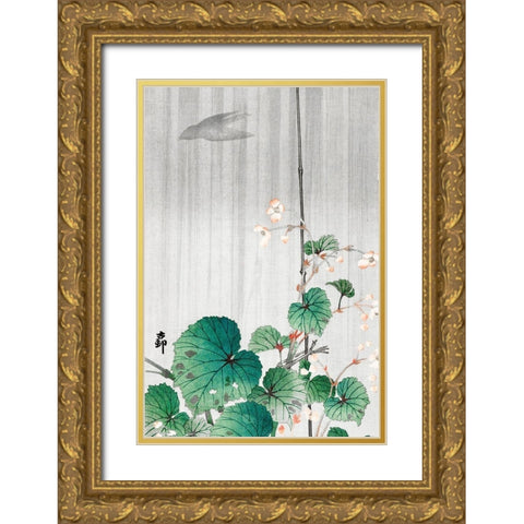 Begonia in the rainÂ  Gold Ornate Wood Framed Art Print with Double Matting by Koson, Ohara