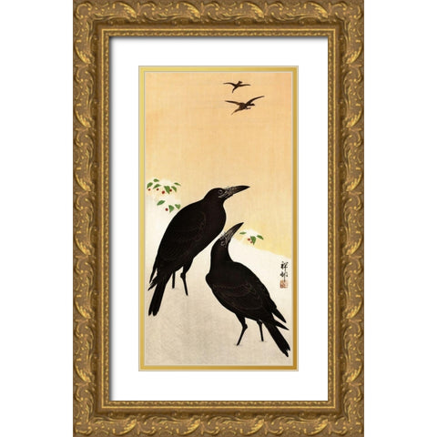 Crows in snow Gold Ornate Wood Framed Art Print with Double Matting by Koson, Ohara