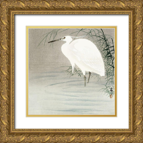 Little egret Gold Ornate Wood Framed Art Print with Double Matting by Koson, Ohara