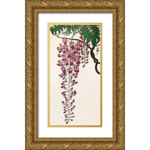 Blooming wisteria Gold Ornate Wood Framed Art Print with Double Matting by Koson, Ohara