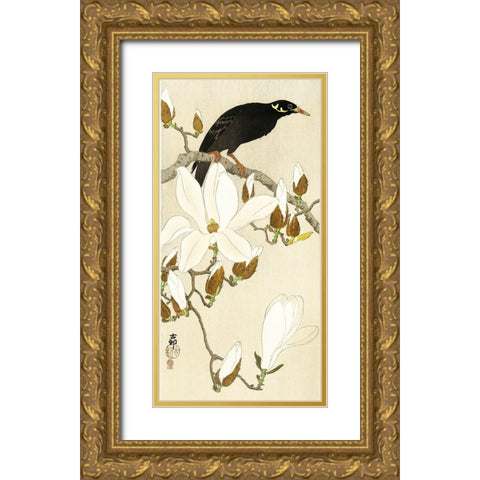 Myna on Magnolia Branch Gold Ornate Wood Framed Art Print with Double Matting by Koson, Ohara