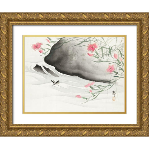 Plants with pink flowers by the river Gold Ornate Wood Framed Art Print with Double Matting by Koson, Ohara