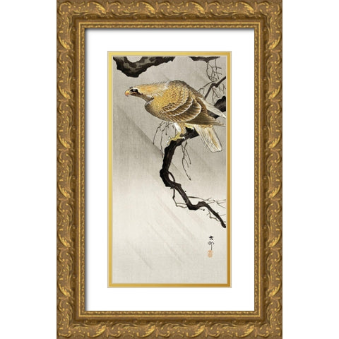 Eagle on branch Gold Ornate Wood Framed Art Print with Double Matting by Koson, Ohara