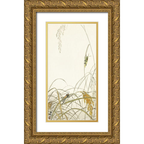 Grasshoppers on rice plants Gold Ornate Wood Framed Art Print with Double Matting by Koson, Ohara