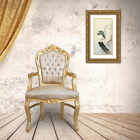 Lapwing on tree stump Gold Ornate Wood Framed Art Print with Double Matting by Koson, Ohara