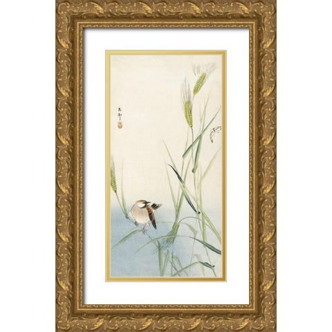 Bird and butterfly Gold Ornate Wood Framed Art Print with Double Matting by Koson, Ohara