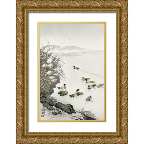 Ducks in the waterÂ  Gold Ornate Wood Framed Art Print with Double Matting by Koson, Ohara