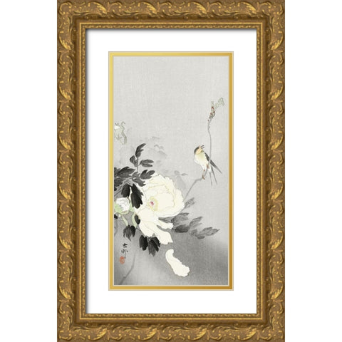 Swallow with Peony Gold Ornate Wood Framed Art Print with Double Matting by Koson, Ohara