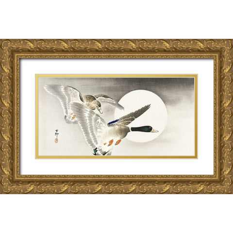 Two ducks at full moon Gold Ornate Wood Framed Art Print with Double Matting by Koson, Ohara