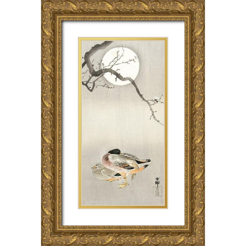 Ducks at full moon Gold Ornate Wood Framed Art Print with Double Matting by Koson, Ohara