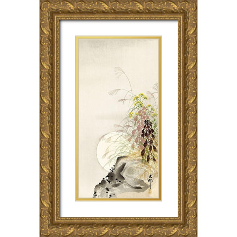 Grass and full moon Gold Ornate Wood Framed Art Print with Double Matting by Koson, Ohara