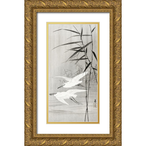 Two egrets in flight Gold Ornate Wood Framed Art Print with Double Matting by Koson, Ohara