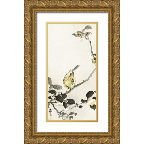 Bunting on blossom branch Gold Ornate Wood Framed Art Print with Double Matting by Koson, Ohara